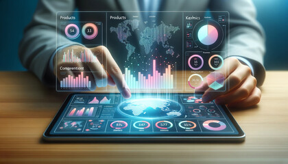 Futuristic touchscreen analytics interface. Ideal for tech and market analysis visuals.
