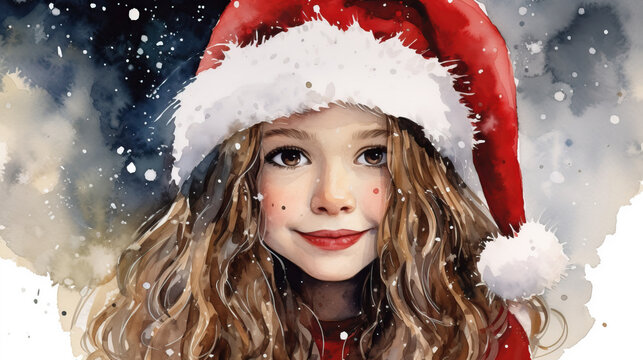 watercolor art background, girl in santa claus hat