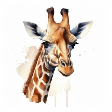 giraffe head , animal, watercolor illustration isolated on white background, Generative AI
