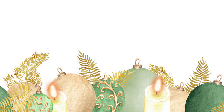 Festive seamless border with green and golden baubles, candles and golden fern. For printing design, greeting cards, covers, flyers, posters. Hand-drawn watercolor illustration.