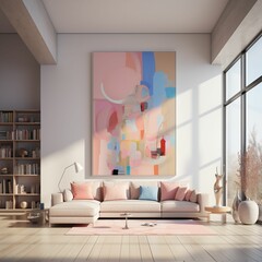 interior design, minimalistic style, huge walls, pastel colors