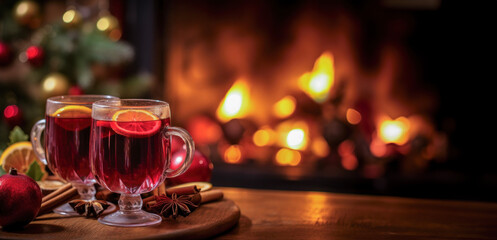 Christmastide Charm: Candlelit Wine Night by fireplace with copy space 