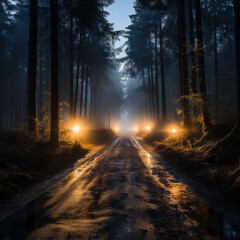 Mountain forest road in the evening