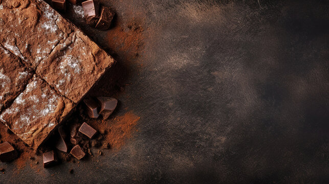 brownie imagery in a minimalist photographic approach, top view, with brown background, modern food photography, with empty copy space