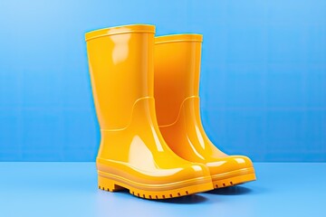 Blue background with isolated yellow rubber boots