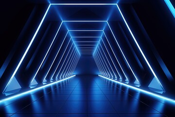 Blue background with neon lights tunnel corridor Spotlight for product showcase Tidy studio for...