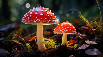 Fototapeta premium fly agaric mushroom in the forest glowing