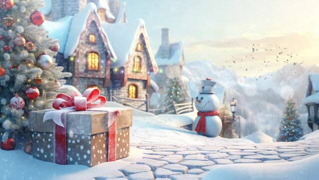 christmas celebration with snowman in the village. with cartoon style. seamless looping time-lapse virtual video animation background.