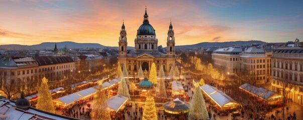 Fototapeta premium illustration of Traditional christmas market in europe city, budapest. Generative ai