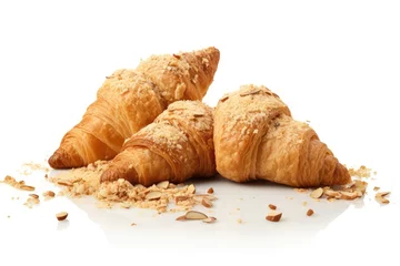 Tuinposter Breakfast croissants with crumbs on white background freshly baked with butter and nuts © The Big L