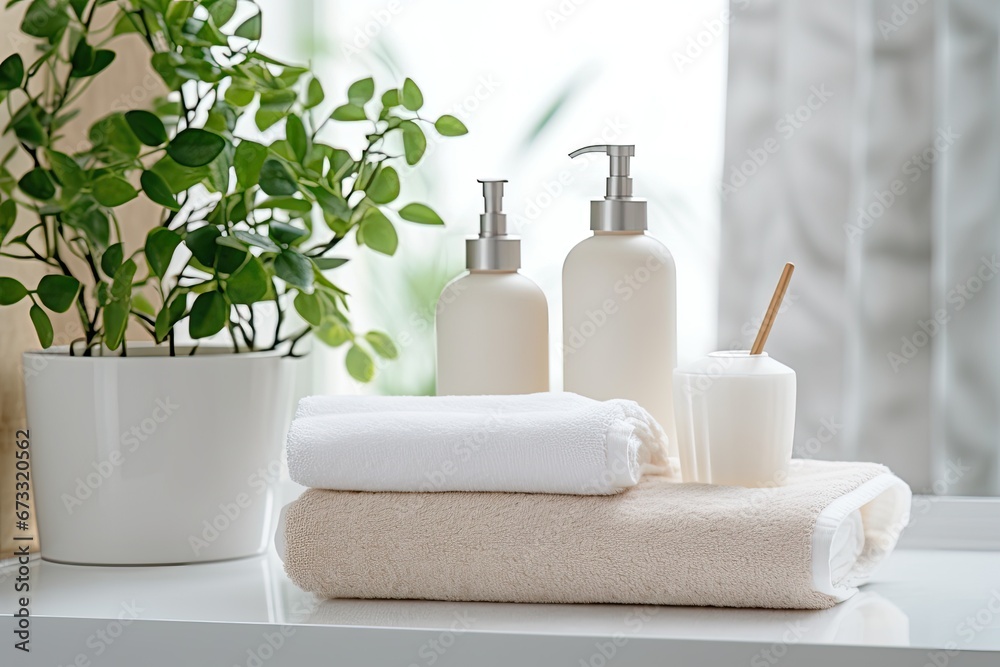 Sticker bright bathroom with white counter table ceramic soap and shampoo bottles and green plant on it alon