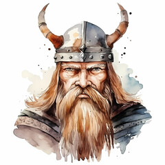 Portrait of a viking head, cartoon watercolor illustration.