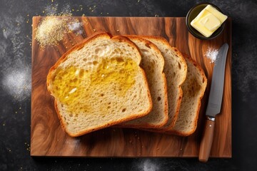 Breakfast with toast bread butter and sugar on a wooden board Top down view on a gray background
