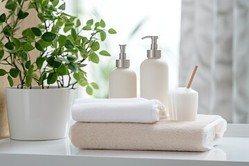 Fototapeta na wymiar Bright bathroom with white counter table ceramic soap and shampoo bottles and green plant on it along with white cotton towels