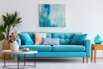 Bright blue couch and throw pillows in contemporary living room Social media banner with styled home still lifestyle image