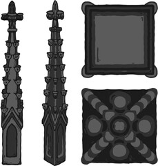 Gothic pinnacle - cap/crown/peak of a buttress stylized drawing. Architectural stone spire; european medieval cathedral/church crocketed turret illustration; with top and bottom view; vector
