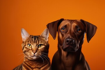 Brown cat and dog posing for the camera on dark orange backdrop