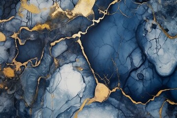Blue marble with gold vein. Graphite texture geode wallpaper. Generative AI
