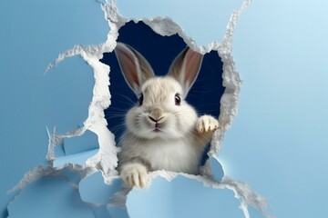 A bunny peeking through a hole in a blue wall, fluffy eared rabbit jumping out of a torn hole. Generative AI