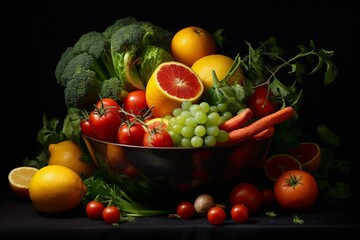A vibrant mixture of fruits and vegetables submerged into a bowl filled with oranges, broccoli, tomatoes, peppers, and lemons against a dark backdrop. Generative AI