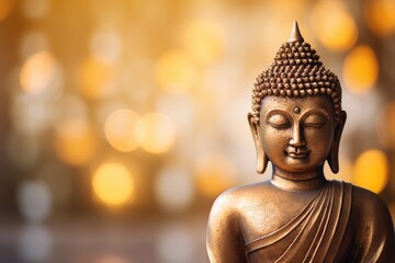 Buddha statue crafted with gold and bronze against bokeh backdrop - obrazy, fototapety, plakaty
