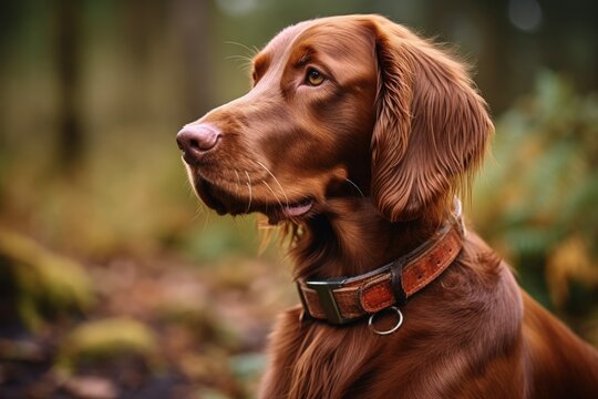 Closeup photo of an Irish red setter gundog wearing a brown collar with a tag outside in a fall forest