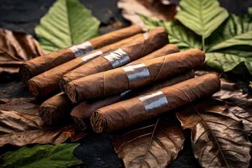 Schilderijen op glas cluster of cigars on tobacco foliage © The Big L