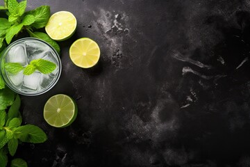 Cocktail in tall glass with ice mint and lime on black background with shaker Menu bar Text space Top view