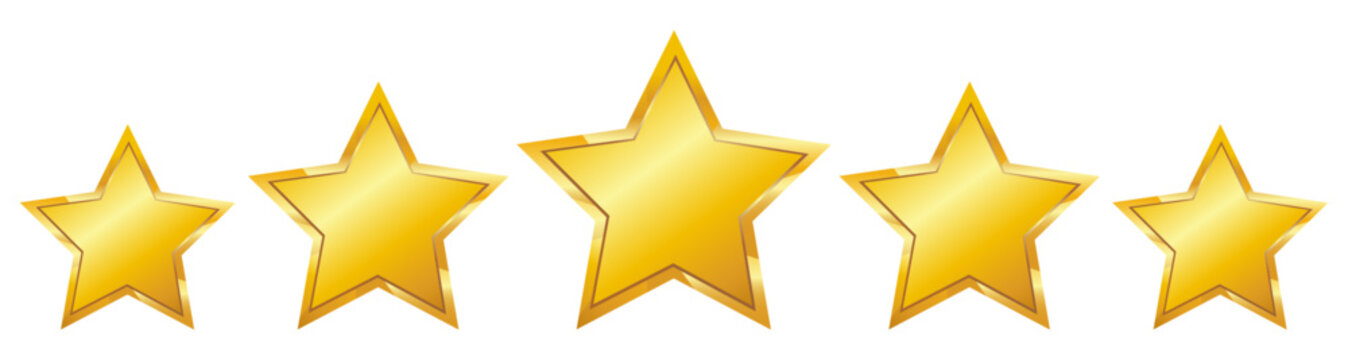 5 gold star for rating, different sizes, vector.