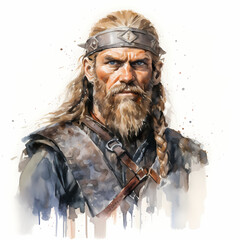 Portrait of a viking head, cartoon watercolor illustration.
