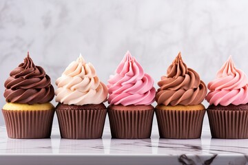 Colorful cupcakes with chocolate and pink butter cream arranged in a row