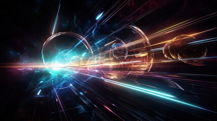 Hyperspace journey zooming through a tunnel filled orange and blue neon lights