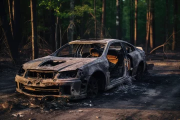 Foto op Aluminium Completely burnt car due to fire iron parts of a vehicle © The Big L