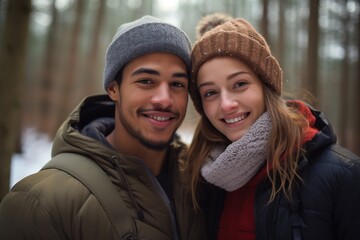 Young mixed race couple enjoying outdoors activity in winter forest