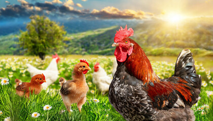 Fototapeta premium Hen with chickens outdoors on a pasture in the sun. Organic poultry farm. nature farming.