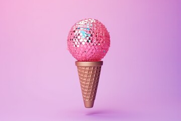 Floating pink waffle cone with disco ball ice cream on blue background Minimal festive celebration idea - obrazy, fototapety, plakaty