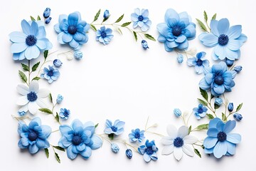 Floral arrangement with blue flowers on white background Easter and spring theme Flat lay top view