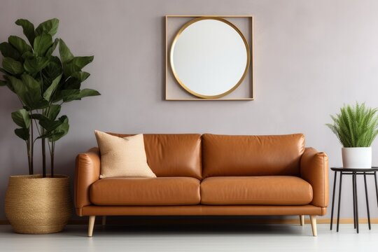 Contemporary living room with brown eco leather couch golden framed mirror picture frame on wall and potted houseplant