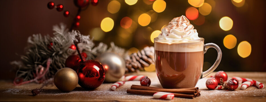 Cozy up with this inviting image of a steaming cup of hot chocolate set amidst a beautifully adorned Christmas backdrop