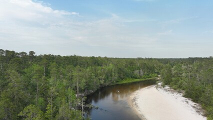 River and forest panorama drone photography aerial view