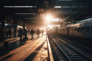 Busy scene at sunlit train station, capturing the essence of urban commute