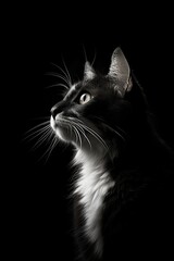 Black and white cat portrait, photography generated with AI