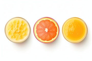Fresh orange carrot and grapefruit juices in glasses isolated on a white background viewed from the...