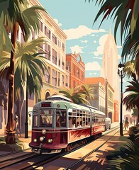 Tram in the city, retro illustration generated with AI - obrazy, fototapety, plakaty
