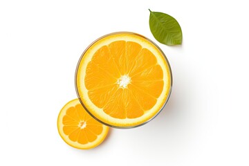 Fresh orange juice in a glass on white from above