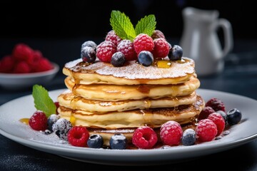 Fresh pancakes with forest fruits and almonds on a white table