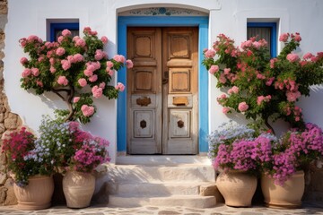 Fototapeta na wymiar Front door with small decorative windows and flower pots in close up