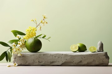 Front view of a minimal beauty product presentation with lime ingredients on a stone podium along with a flower branch dry twig and fresh lime on a colorful bac