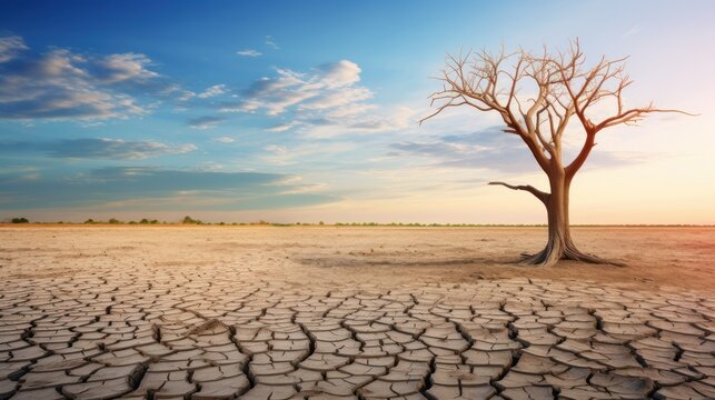 Dry cracked land with dead tree and sky in background a concept of global warming, environment, save, protect, earth, global warming, reduce, planet, growth, nature, ecosystem © pinkrabbit