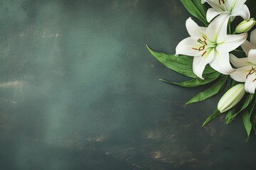 Funeral announcement with white lily on rustic green background